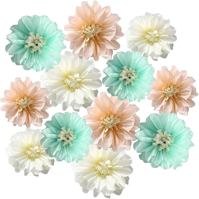 12pcs 8in 10in Paper Flowers Tissue Flowers Pom Mint Cream Peach Kit Paper Pom Poms Hanging Paper Flowers Wall Backdrop Wedding Party Flower Decorations DIY Art Craft Blooms for Birthday Baby Shower