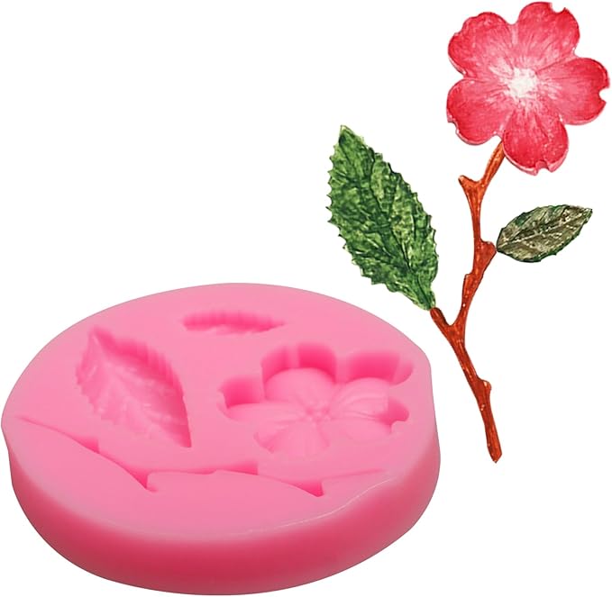 Peach Blossom Shape Molds 4 Pcs, Plant Flowers Leaf Fondant Silicone Molds for Cake Decoration Candy Sugar Cupcake Topper Cake Pop Popsicle Polymer Clay Crafts