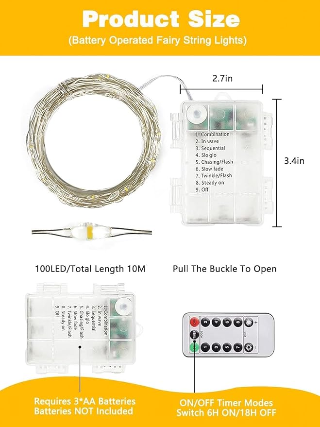 4 Pack Each 33FT 100LED Fairy Lights Battery Operated with Remote, Waterproof Twinkle Lights with Timer, Cuttable String Light Indoor & Outdoor for Bedroom Classroom Wedding DIY Christmas (Warm White)