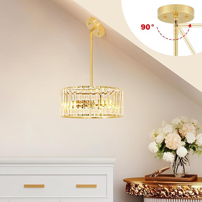 Gold Crystal Chandelier for Dining Room, 3-Light Modern Semi Flush Mount Ceiling Pendant Light Fixture, Round Pendant Lights Kitchen Island, Chandelier for Living Room Bedroom Hallway Entryway, E12