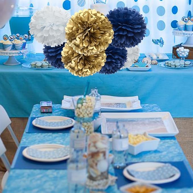 Gold Royal Blue and White Paper Flower Tissue Pom Poms for Birthday Baby Shower Graduation Bachelor Retirement Theme Party, 12pc