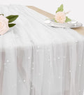 Pearl Table Runner 29 x 120 Inch Tulle Fabric Lace Table Runners Boho Rustic Tablecloth for Bridal Shower Birthday Party Wedding Arch Aisle Veil Dessert Table Decor(1 Pack, White)