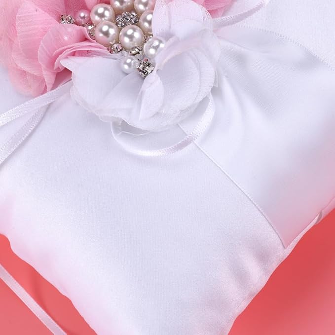 PRETYZOOM 2Pcs Pink Ring Bearer Pillow Set - Satin & Ribbon Decorative Wedding Ring Holder with Flower Design for Ceremony