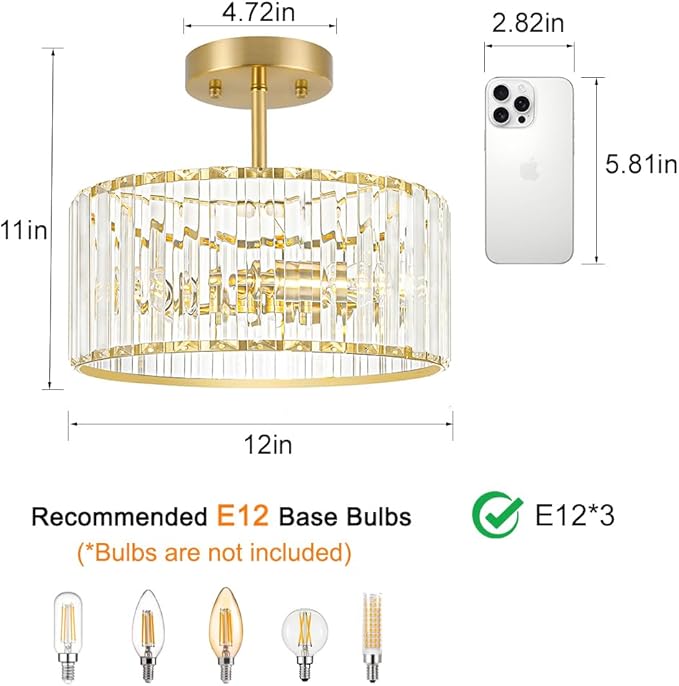 Modern Crystal Ceiling Light, Brushed Gold Semi Flush Mount Ceiling Lighting Fixture, Brass Hallway Light Fixtures Chandelier for Kitchen, Bedroom Dining Room Hallway Closet, 3-Light, 12 Inch