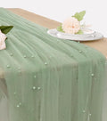 Pearl Table Runner 29 x 120 Inch Tulle Fabric Lace Table Runners Boho Rustic Tablecloth for Bridal Shower Birthday Party Wedding Arch Aisle Veil Dessert Table Decor(1 Pack, Sage Green)