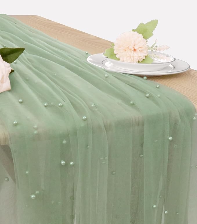 Pearl Table Runner 29 x 120 Inch Tulle Fabric Lace Table Runners Boho Rustic Tablecloth for Bridal Shower Birthday Party Wedding Arch Aisle Veil Dessert Table Decor(1 Pack, Sage Green)