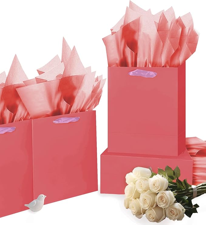 Gcardist Salmon Gift Bags with Tissue Paper for Wedding, Birthday, Party Supplies-7.9"x4.3"x9.6" Medium Size Cardboard Gift （16pcs Bags +32pcs Tissue Paper ）