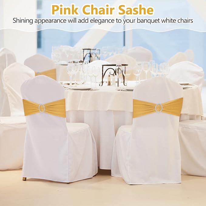 CHENGU 150 Pieces Spandex Stretch Chair Sashes Bows Elastic Chair Cover Bands Ties with Buckle Slider for Wedding Party Reception Events Universal Ceremony Banquet Decorations(Gold)