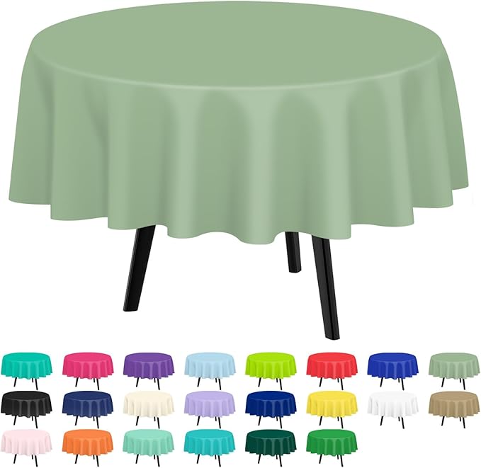 QIKSION Sage Green Round Tablecloth 6 Pack, 84 Inch Plastic Table Cover Disposable for Parties