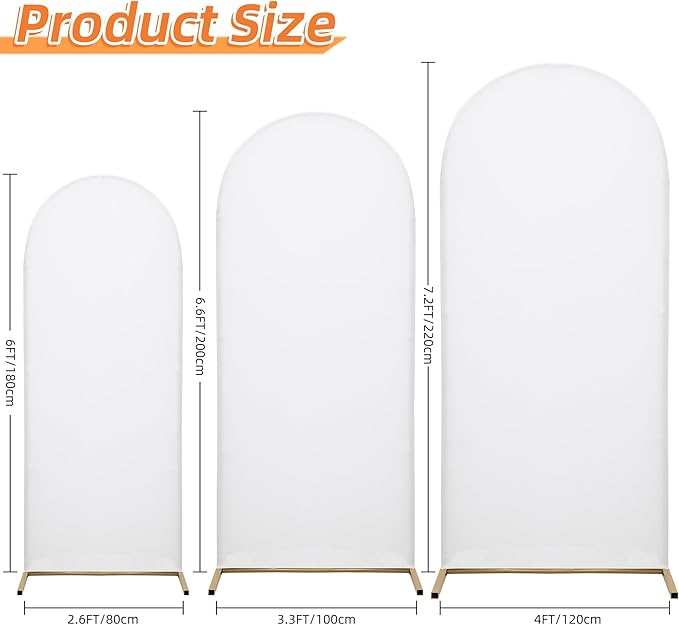 Wedding Arch Covers Arch Backdrop Cover Arch Stand Covers 7.2FT 6.6FT 6FT Set of 3 Arch Cover Spandex Fabric Stretchy Backdrop for Wedding Birthday Party Decoration Baby Shower (White, Cover Only)