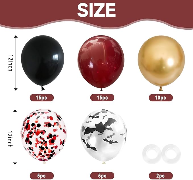 Black Burgundy Balloons, 52 PCS Burgundy Gold Balloons, 12 Inch Red Black Latex Balloon with Confetti Bat Printed Balloon for Kids Party Decorations