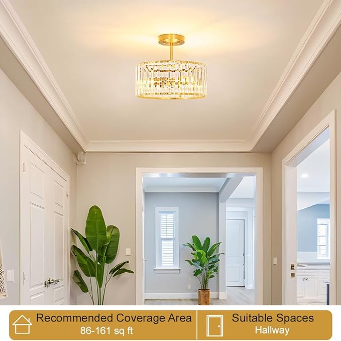 Modern Crystal Ceiling Light, Brushed Gold Semi Flush Mount Ceiling Lighting Fixture, Brass Hallway Light Fixtures Chandelier for Kitchen, Bedroom Dining Room Hallway Closet, 3-Light, 12 Inch