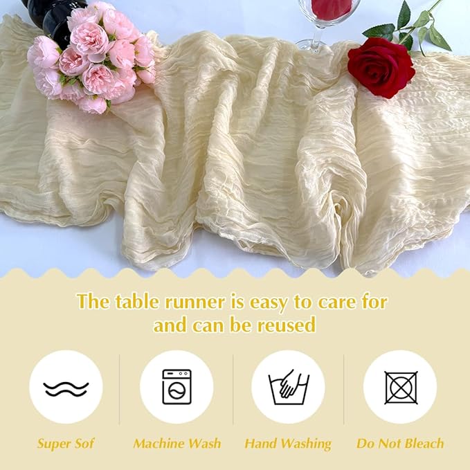 Beige Cheesecloth Table Runner -21*120Inch Long Boho Wedding Table Decor, Rustic Gauze Fabric Runner for Bridal Showers, Baby Showers & Parties (Sheer, Lightweight, Wrinkled Design)