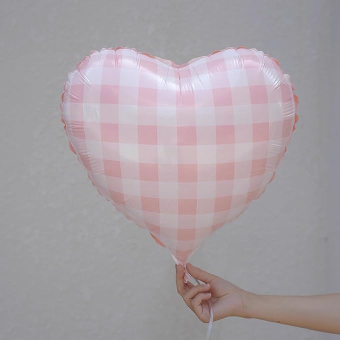 Pink White Checkered Heart Balloons,12Pcs 18Inch Light Pink Grid Heart Shaped Foil Helium Polyester Film Balloons for One Silly Goose Birthday Baby Shower Party Decorations