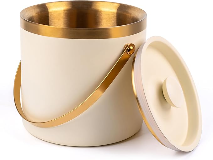 3L beige white Double Wall Insulated Stainless Steel Ice Bucket with scoop for Cocktail Bar,Metal Ice Bucket for freezer with Lid for parties.ice Container to Keep Ice Colder,bar cart accessories