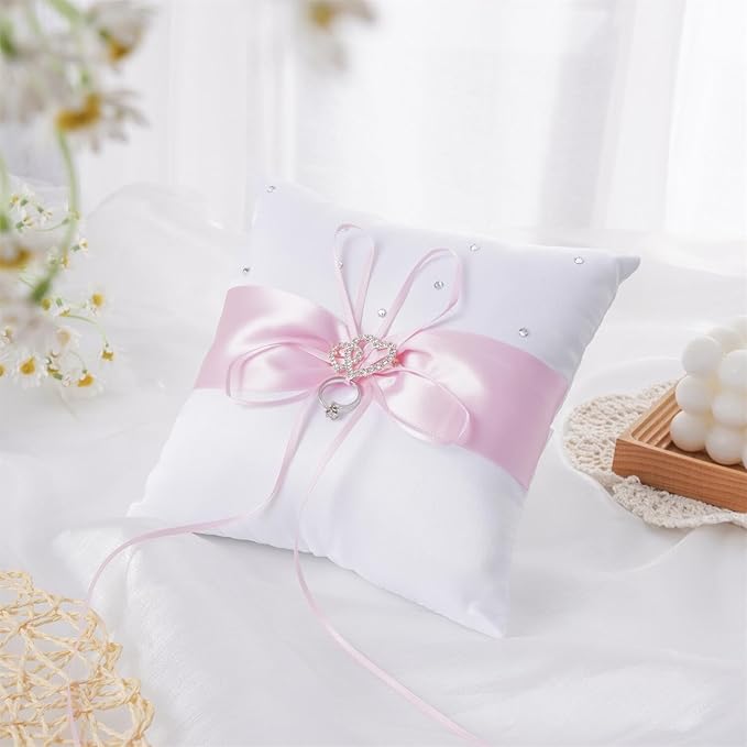 QIRMIZI Wedding Ring Pillow and Flower Girl Basket Set – Adorned with Pearl Rhinestones, White Satin,Pink