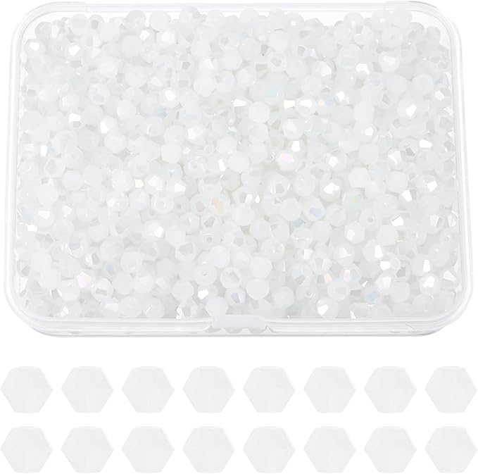 PATIKIL 1000pcs 4mm Bicone Glass Crystal Beads, Faceted Glass Spacer Beads with Box for Jewelry Making Bracelet Necklace Earrings DIY Suncatcher Craft, Pure White AB