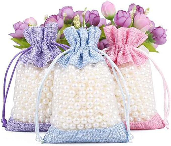 50 Pcs Burlap Bags with Drawstring,3.9"x5.5" Gift Bags Jewelry Pouch Bags for Candy Packing Party Favors Wedding Holiday DIY Craft(Beige)