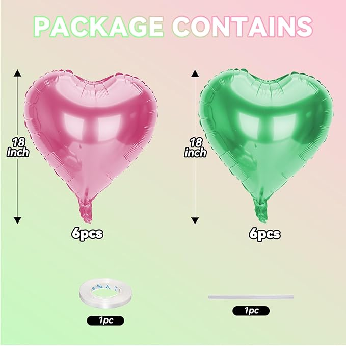 12 Pcs Heart Balloons, 18 inch Pink Green Heart Shaped Balloon, Big Helium Foil Pink Green Balloons for Wedding Baby Shower Anniversary Backdrop Valentine Witch Theme Party Decorations