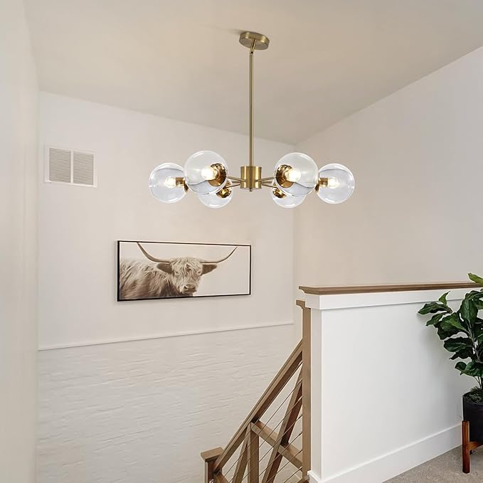 KCO Lighting Modern 6-Light Sputnik Chandelier with Clear Glass Globe Mid Century Adjustable Ceiling Pendant Light Gold Brass Flush Mounted Fixture