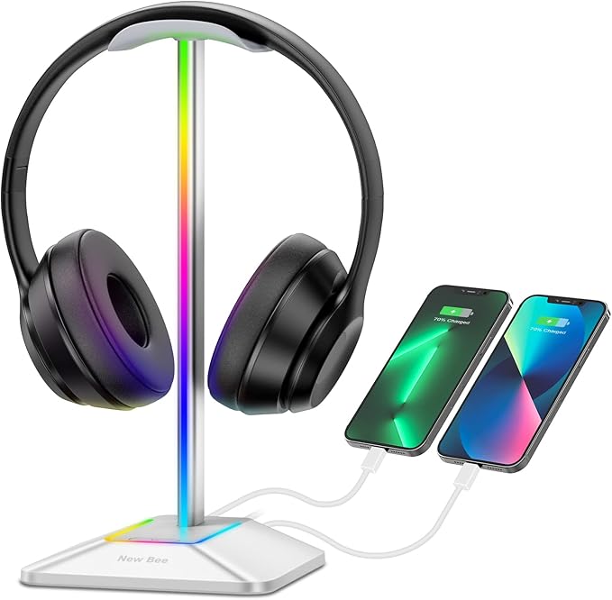 New bee RGB Headphone Stand with 1 USB-C Charging Port and 1 USB Charging Port, Desk Gaming Headset Stand with 7 Light Modes and Non-Slip Rubber Base Suitable for All Earphone Accessories (Silver)