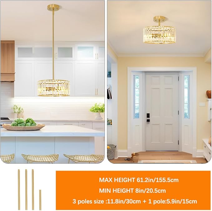 Gold Crystal Chandelier for Dining Room, 3-Light Modern Semi Flush Mount Ceiling Pendant Light Fixture, Round Pendant Lights Kitchen Island, Chandelier for Living Room Bedroom Hallway Entryway, E12