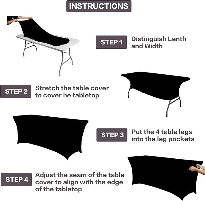 IVAPUPU 2 Pack 6FT Table Cloth for Rectangular Fitted Events Stretch Black Table Covers Washable Spandex Tablecloth Protector for Party, Wedding, Cocktail, Banquet, Festival