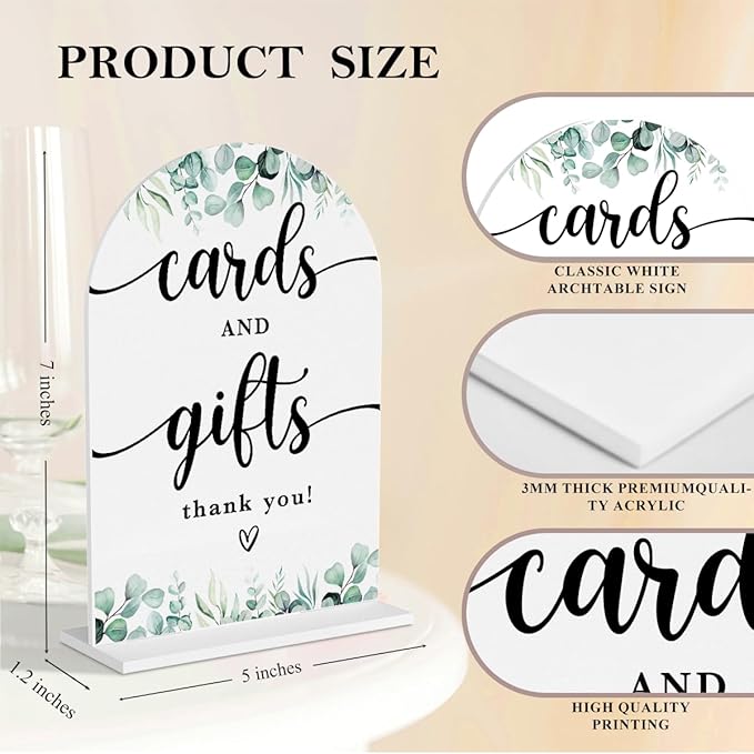 4 Pcs Acrylic Wedding Signs for Reception, Bridal Shower Decorations, Cards and Gifts Signs, Guest Book Sign, Arch Acrylic Table Top Sign with Holder for Wedding Reception (White Eucalyptus Leaves)