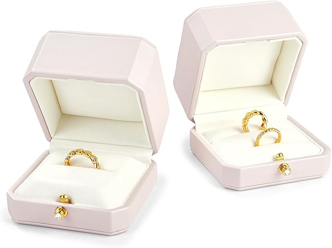 Oirlv Premium Leather Double Ring Box for Wedding Ceremony Engagement Couple Rings Holder Jewelry Gift Box(Pink,Double)
