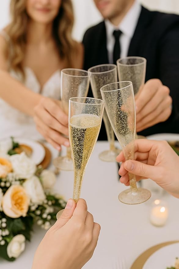 Oojami 90 Plastic 6.5 oz Disposable Champagne Flutes Ideal for Toasting, Wedding, Birthday, Baby Showers, Retirement, Celebration, Mimosa, Cocktails, Engagements, Birthday, Parties (Gold Glitter)