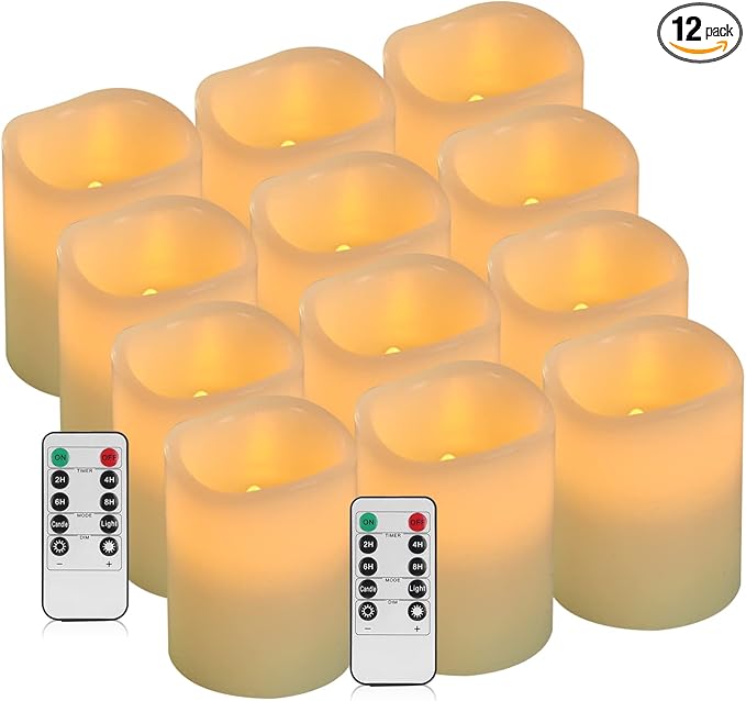 Vinkor Flameless Candles (Ivory Set of 12 （D: 3" x H: 4"）)