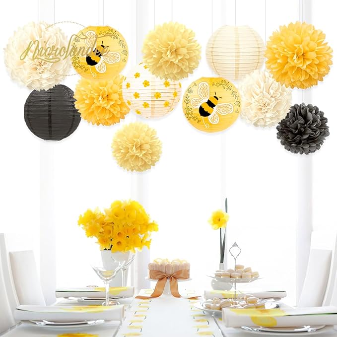NICROLANDEE Bee Party Decorations, 12PCS Yellow Hanging Paper Lanterns Tissue Pom Poms Decor for Bee Day Party, Bee Themed Birthday Decorations, Yellow Flower Bumble Baby Shower