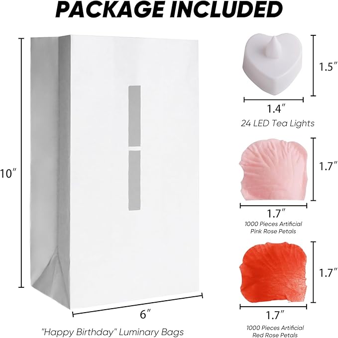 Homemory Happy Birthday Light Up Letters Luminary Bags with Flameless Candles and Fake Rose Petals, Happy Birthday Sign Party Decoration for Women Men