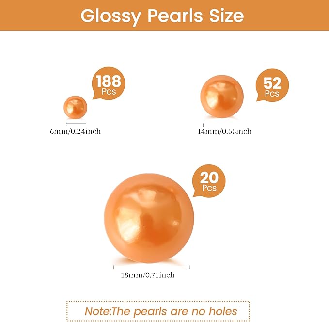 260Pcs Pumpkin Glossy Beads for Centerpiece Decor, Artifical Pearls Pumpkin Vase Filler, No Hole Round Pearl Beads for Wedding Birthday Halloween Party Home Decor(18mm 14mm 6mm)