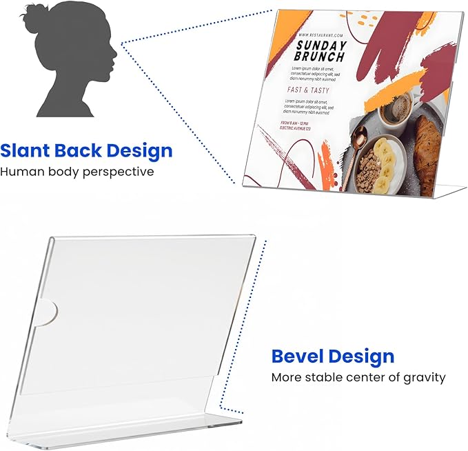 Acrylic Sign Holder 8.5 x 11 Horizontal , Clear Plastic Display Stand for Tabletop, Acrylic Stands for Flyers, Table Paper Holder, Vertical Sign Holder 8.5x11 for Restaurants, Office and School (Slant 6 Pack 11x8.5)