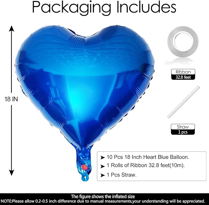 10pcs Blue Heart Shaped Mylar Balloons - 18 Inch, For Baby Shower, Wedding, Valentine's Day & Parties
