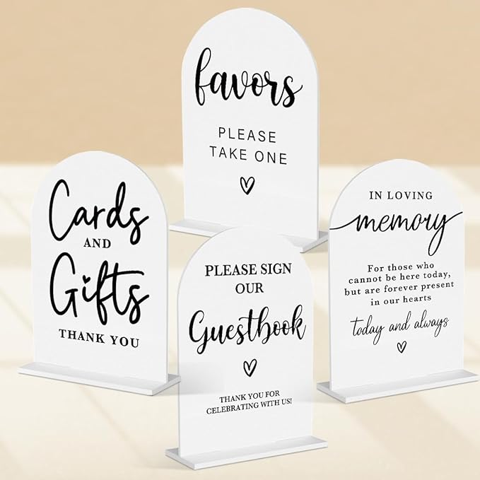 4 Pcs Acrylic Wedding Signs for Ceremony and Reception, Bridal Shower Decorations, Cards and Gifts Signs, Guest Book Sign, Arch Acrylic Table Top Sign with Holder for Wedding Reception (White)