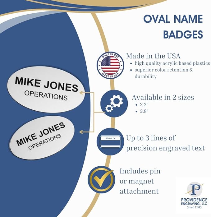 Custom Engraved Name Tag Badges – Personalized Identification with Pin or Magnetic Backing, 3.2 Inch Oval, Almond/Black