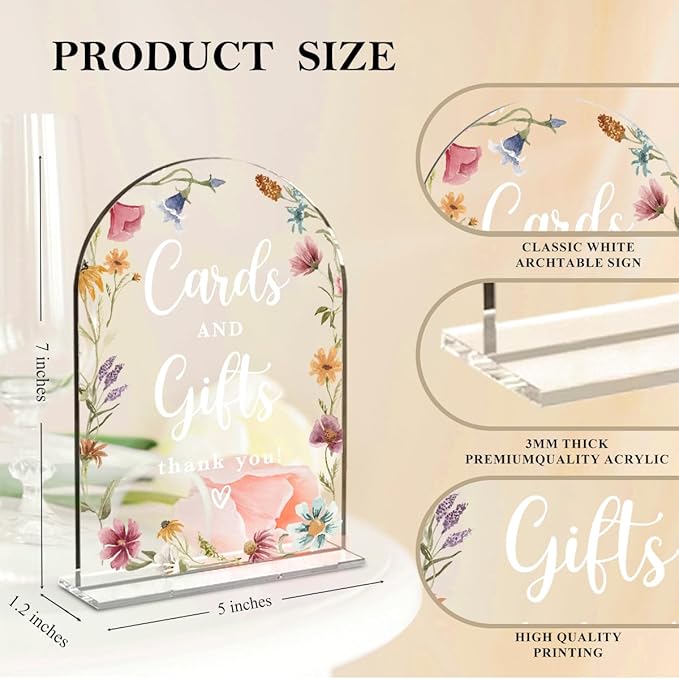 2 Pcs Acrylic Wedding Signs for Reception, Bridal Shower Decorations, Cards and Gifts Signs, Guest Book Sign, Arch Acrylic Table Top Sign with Holder for Wedding Reception (Clear Wildflowers)
