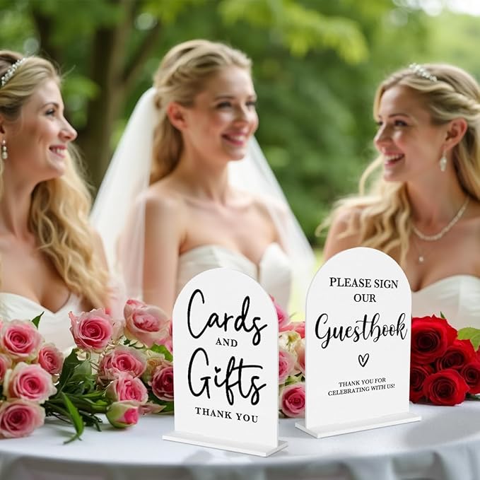 2 Pcs Acrylic Wedding Signs for Ceremony and Reception, Bridal Shower Decorations, Cards and Gifts Signs, Guest Book Sign, Arch Acrylic Table Top Sign with Holder for Wedding Reception (White)