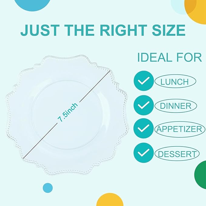 COLOSUS 100pcs 7.5 Inch Clear Plastic Dessert Plates-Heavy Duty Disposable Plastic Cake Plates,Premium Salad Plate,Fancy Disposable Cake Plate for Party for Party Wedding and Everyday Use
