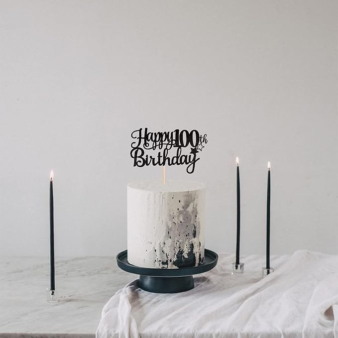 1 PCS Happy 100th Birthday Cake Topper Glitter Cheers to 100 Years Cake Pick 100 Fabulous Cake Decoration for 100th Birthday Party Decorations Supplies Black