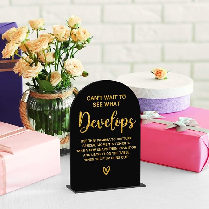 Acrylic Wedding Sign, Bridal Shower Decorations, Can't Wait to See What Develops Sign for Ceremony, Modern Font Table Signs, Acrylic Table Top Signs for Wedding Reception (Black Gold)