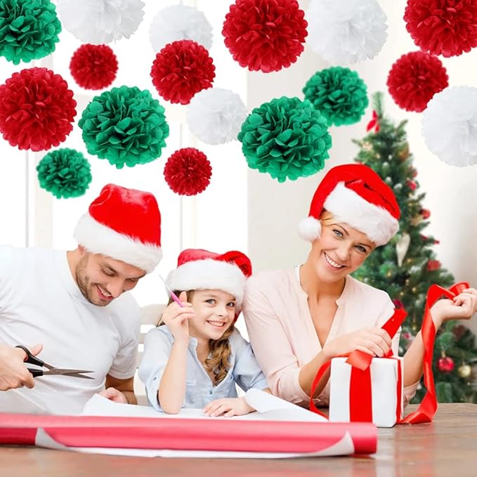 Easy Joy 17Pcs Christmas New Year Hanging Decoration Red Green White Paper Pom Poms Flowers 6, 8,10 inch Hanging Paper Flowers Christmas Home Wedding Birthday Party Decorations