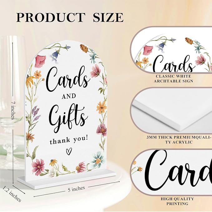 4 Pcs Acrylic Wedding Signs for Reception, Bridal Shower Decorations, Cards and Gifts Signs, Guest Book Sign, Arch Acrylic Table Top Sign with Holder for Wedding Reception (White Wildflowers)