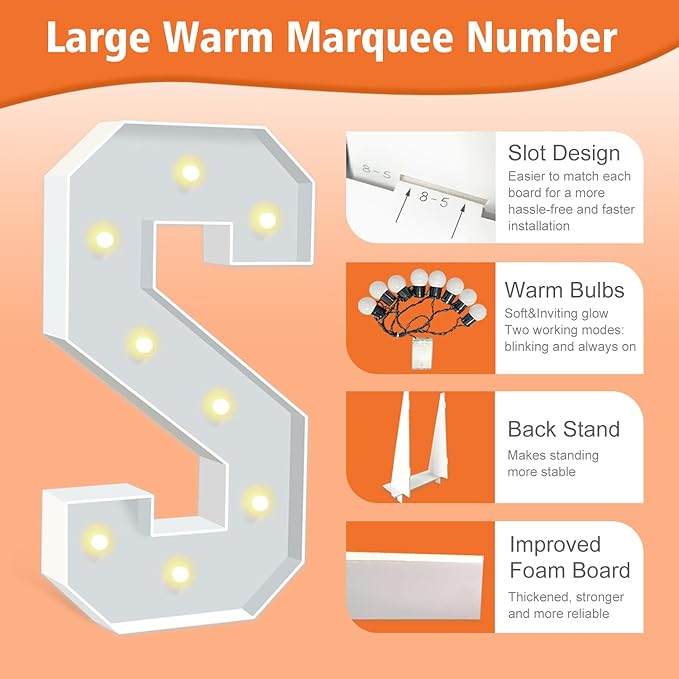 Marquee Light Up Letter S, Light Up Letters Art Craft Kit for Party Decorations, 3FT White Foam Board Letters for Baby Shower, Birthday, Wedding, Engagement Decorations