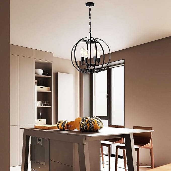 Large Lantern Globe Black Chandelier Lighting, Farmhouse Chandelier Adjustable Pendant Lighting Fixtures Hanging Ceiling 4 Light for Kitchen, Dining Room, Living Room, Hallway