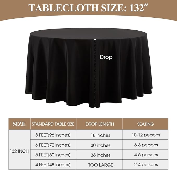 Round Tablecloth 132 Inch 2 Pack Black Tablecloths Washable Decorative Linen Polyester Table Clothes Cover for Dining Table Banquets Buffet Parties and Wedding