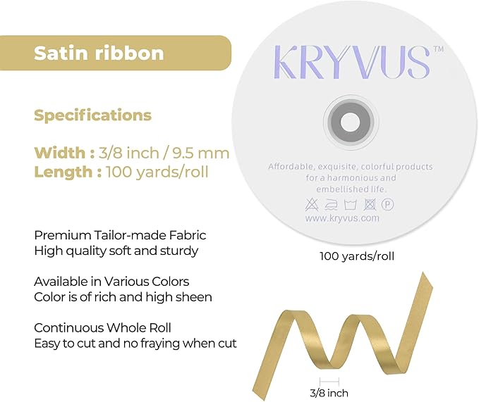 Light Gold Satin Ribbon 3/8 inch X Continuous 100 Yards, Single Face Polyester Ribbon Perfect for Gift Wrapping, Flower Bouquet, Wedding Decor, Crafts, Bow Making, Sewing and More