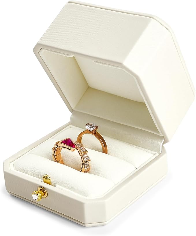 Oirlv Premium Leather Double Ring Box for Wedding Ceremony Engagement Ring Bearer Couple Jewelry Gift Box(White,Double)